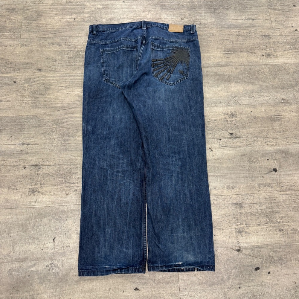 Rocawear Jeans Mens 42 Blue Denim Sunburst Embroidery Wide Leg‎ Y2K Streetwear